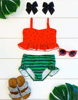 

Summer baby girl swimsuit watermelon print strap children clothing set
