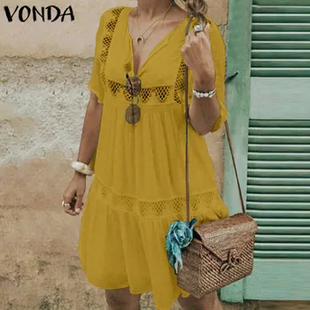

VONDA 2020 Woman Half Sleeve Mini Dress S-5XL Sexy V Neck Party Dresses Loose Beach Sundress Plus Size Bohemian Vestidos