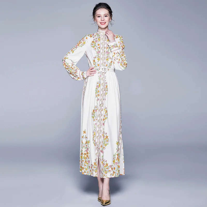 

Europe And America 2019 Autumn WOMEN'S Dress National Wind Stand Collar Bag Buckle Printed Lantern Sleeve Dress WOMEN'S Long Dre