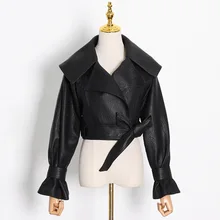Autumn Winter PU Leather Jacket Women Office Lapel Solid Black Red Faux Leather Jackets Bowknot Casual Fashion Basic Coat 2021