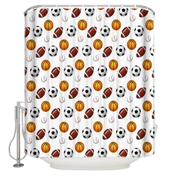 

Shower Curtain Waterproof Polyester With 12 Hooks Baseball Basketball Football Sports White