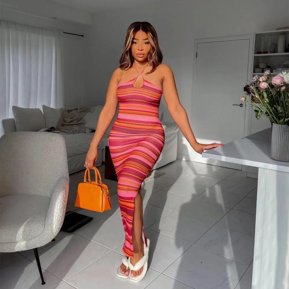 

2021 Autumn New Women's Striped Unilateral Split Design Sense Strap Hollow Sexy Backless Slim Fit Hip Dress Women