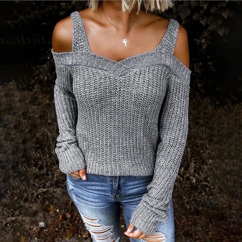 

Elegant Women Sweaters Sexy Pullovers 2020 Autumn Off Shoulder Straps Sling Knitted Sweater Casual Long Sleeve Ladies Tops
