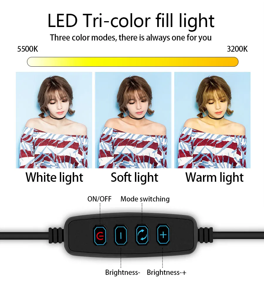 Светодиодная кольцевая лампа с регулируемой яркостью для селфи,фотосъемки, Yutube Live Video Makeup.3500 K-5500 K, с штативом, телефонным держателем и USB кабель