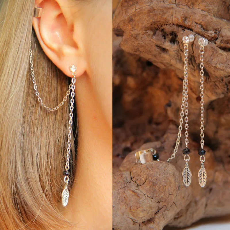 Stud Earrings Chain Ear Clips Dragon Ear-chains Ear Cuff Fantasy Cosplay Silver-plated Chains and Hypo-allergenic Stud Earring