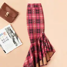 Размера плюс 4XL! Асимметричная юбка рыбий хвост с высокой талией Женская осенне-зимняя одежда, простая клетчатая Офисная Женская юбка TB3774
