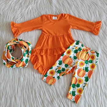 

New Arrival 3 pcs Dresses Long sleeve ruffle soild orange legging with Scarf Cute Pumpkin Print baby Girls Outfits