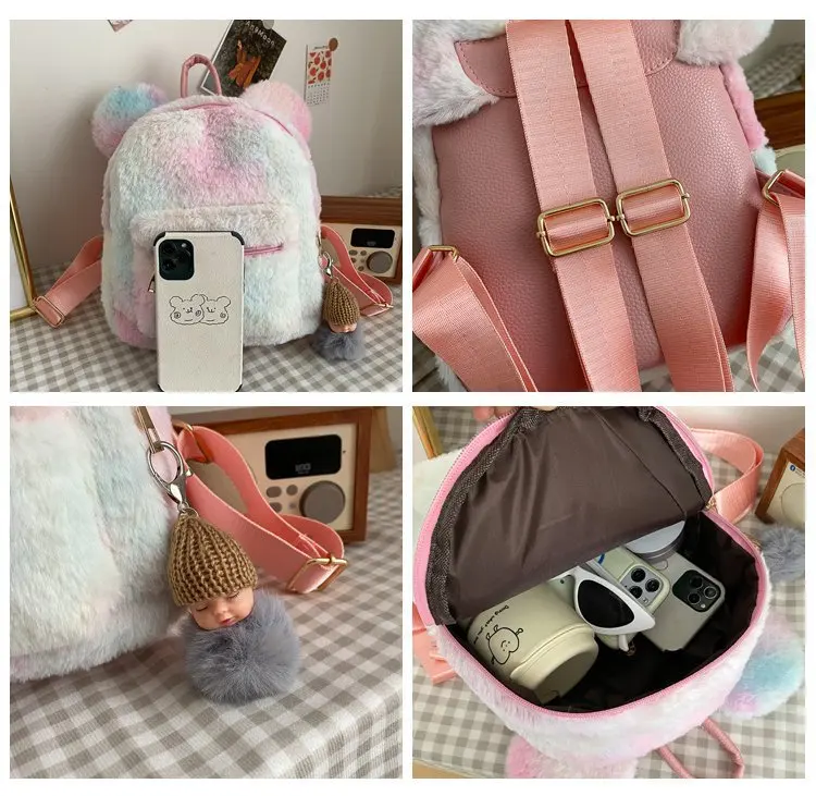 Custom Bear Faux Fur Mini Backpack Rabbit Ear Women Travel Shoulder Bags Fashion Plush Backpack Rucksack School Bag for Girls