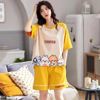 

Summer Girls Cartoon Print 2 Pieces Set Short Sleeve Top + Shorts Elastic Waist Pyjamas 2020 Loose Cotton Pajama Sets