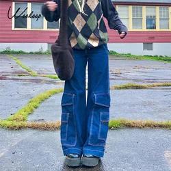 Weekeep bolso retalhos calças de brim femininas vintage cintura alta casual baggy calças retas harajuku calças compridas streetwear denim