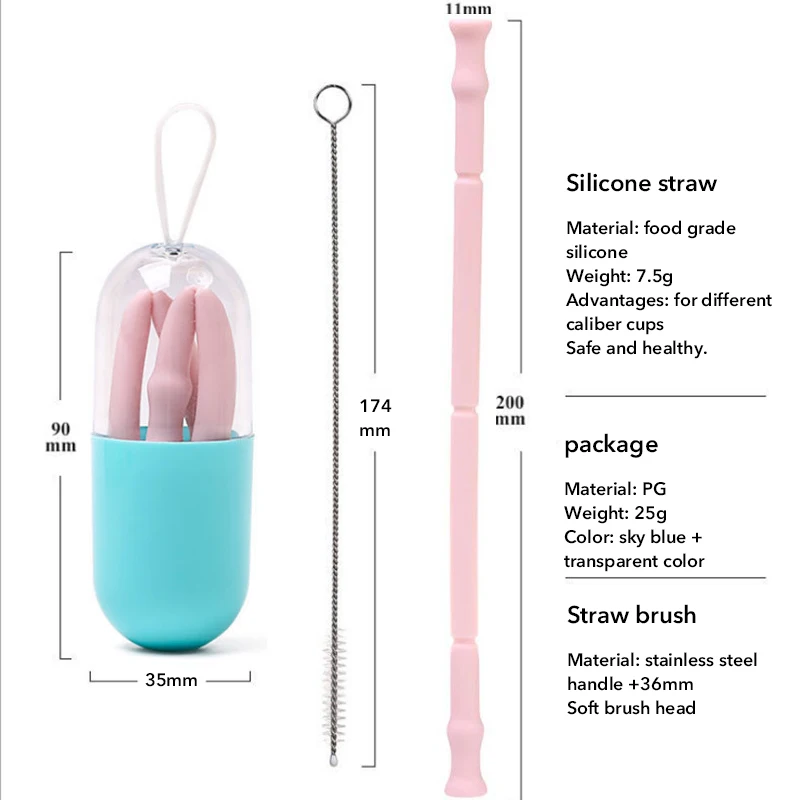 Портативные силиконовые соломинки складные многоразовые, для питья набор соломинок с чистящей щеткой и футляром для переноски аксессуары для вечерние - Цвет: Pink