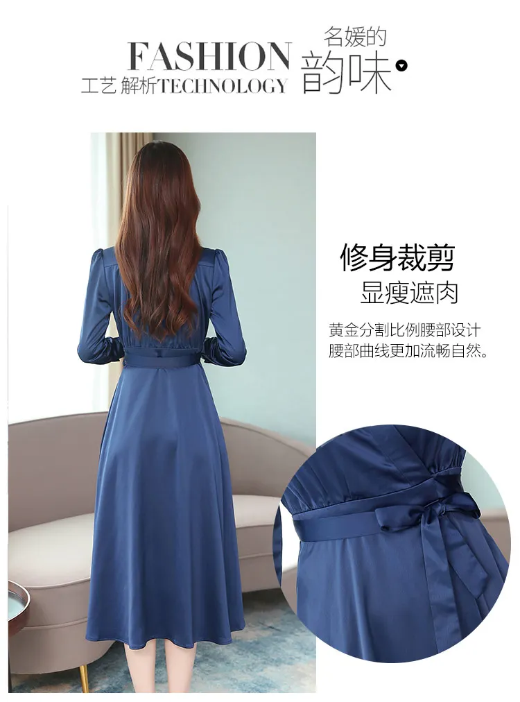 Винтажное синее однотонное платье миди с длинными рукавами Осень Зима шикарное 2XL плюс размер женское облегающее платье элегантные вечерние женские платья