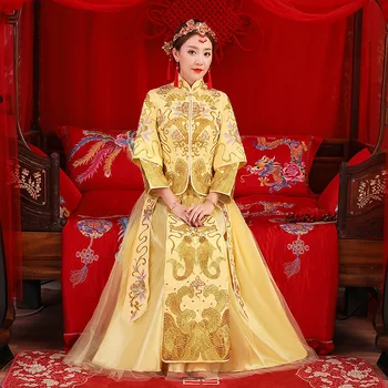 

Gold Bride Wedding Dress Chinese Women Cheongsam Embroidey Flower Marriage Suit Toast Clothing Ancient Novelty Noble Qipao