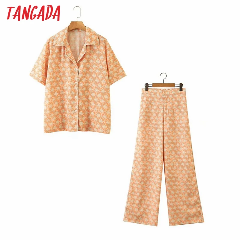 Tangada 2020 women sweet tree print tops pants set suit 2 piece set short sleeve loose shirt and pants 8H19 Tangada 2020 women sweet tree print tops pants set suit 2 piece set short sleeve loose shirt and pants 8H19