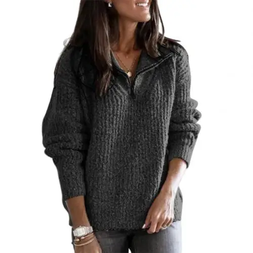 Dark Gray Модный Теплый Женский Осенний Одноцветный Свободный кардиган с длинным рукавом на молнии, вязаный кардиган размера плюс, теплый женский свитер - Цвет: Dark Gray