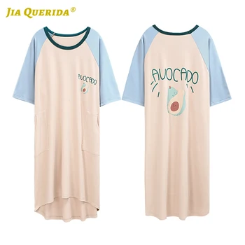 

Summer New Soft Avocado Printing Night Wear Night Gown Fashion Style Casual Style Short Sleeve Patchwork Crew Neck Woman Clothes