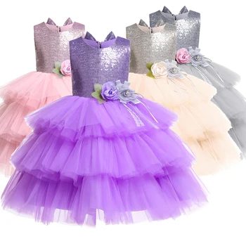 

Girls Lace cupcake Dress Kid Girls blackless Appliques Dresses Sequin Lace Wedding Princess Costume For teen Children Clothes