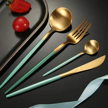 

4pcs Gold Red Cutlery Set Stainless Steel Western Reusable Knife Fork Spoon Tableware Set Kitchen Dining Flatware Set MM60CJ