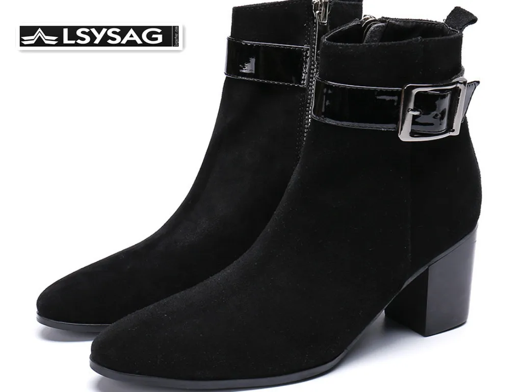 

British Party Men Dress Boots Cow Suede Leather Ankle Boots High Heel Cowboy Boots Men Formal Business Shoes