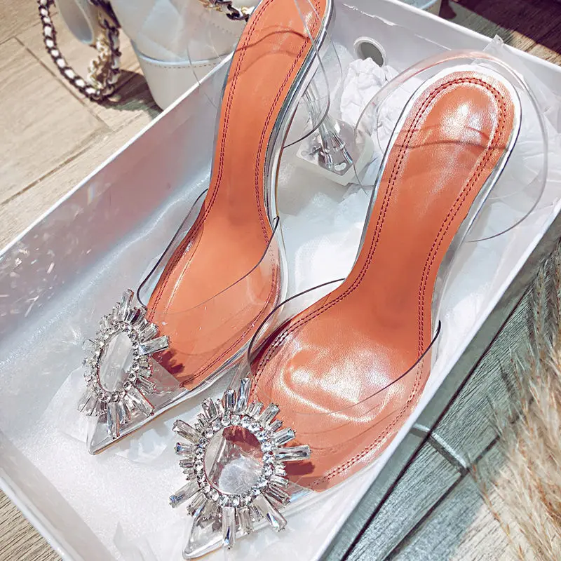 Zapatos de tacón elegantes con punta en pico para mujer, tacones de pedrería para boda, tacón transparente de cristal, sandalias sexys