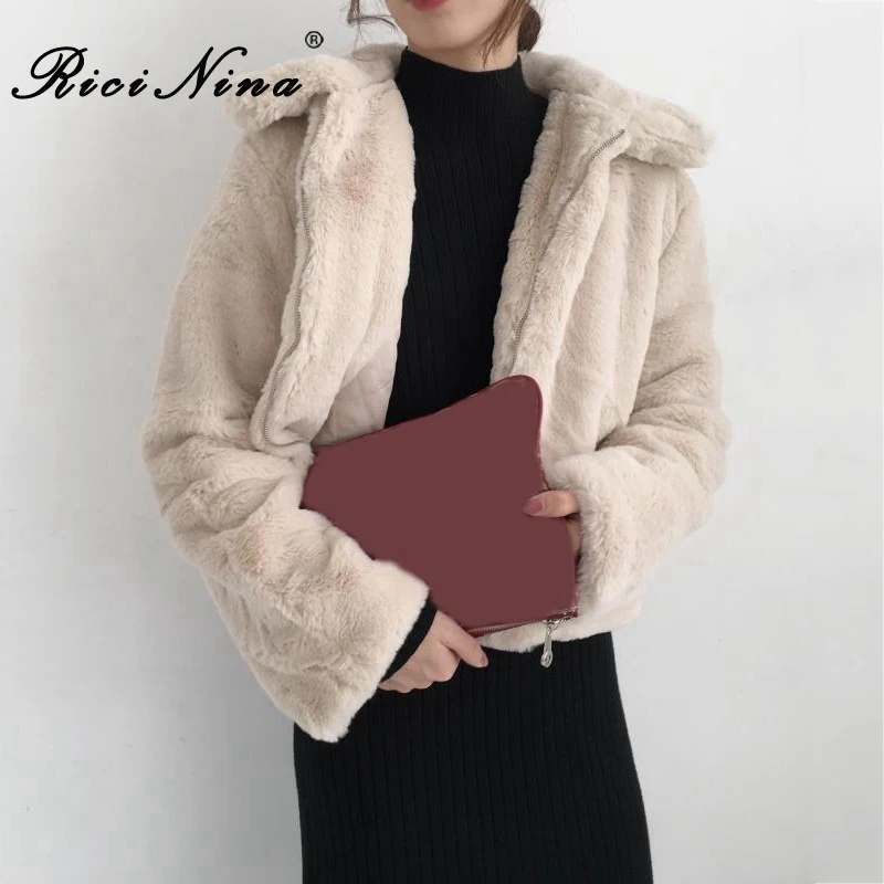 RICININA Rabbit Fur Coat Women Short Jacket Winter Pocket Solid Loose Fake Coats Wool Jackets Casual Woman Outwear | Женская одежда