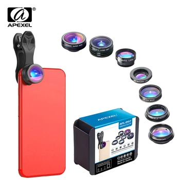 

APEXEL 50pcs/lot 7 in 1 Phone Lens Fisheye lens Wide Angle macro Lens CPL Filter Kaleidoscope 2X zoom Lens for iPhone x 7 6 plus