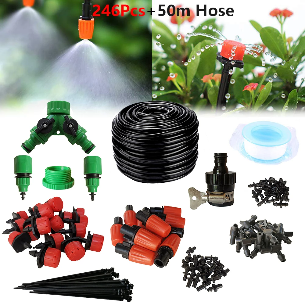 

50M 1/4" Micro Drip Irrigation Kit,Patio Plant Watering Kit Garden Mist Cooling Irrigation System With Adjustable Nozzle