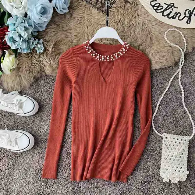 US $29.99 Women Sweater Autumn Winter Long sleeve O neck Beading knitted Sweater LADY Pullover High Elastic S