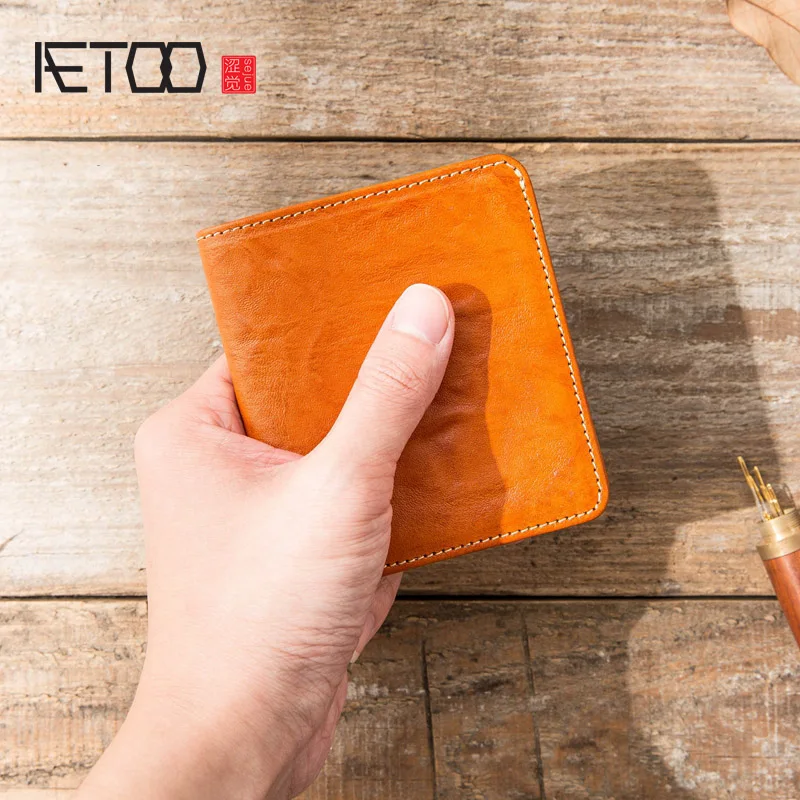 

AETOO Ultra-thin mini wallet, men's short leather vertical wallet, handmade men's wallet, young women's wallet