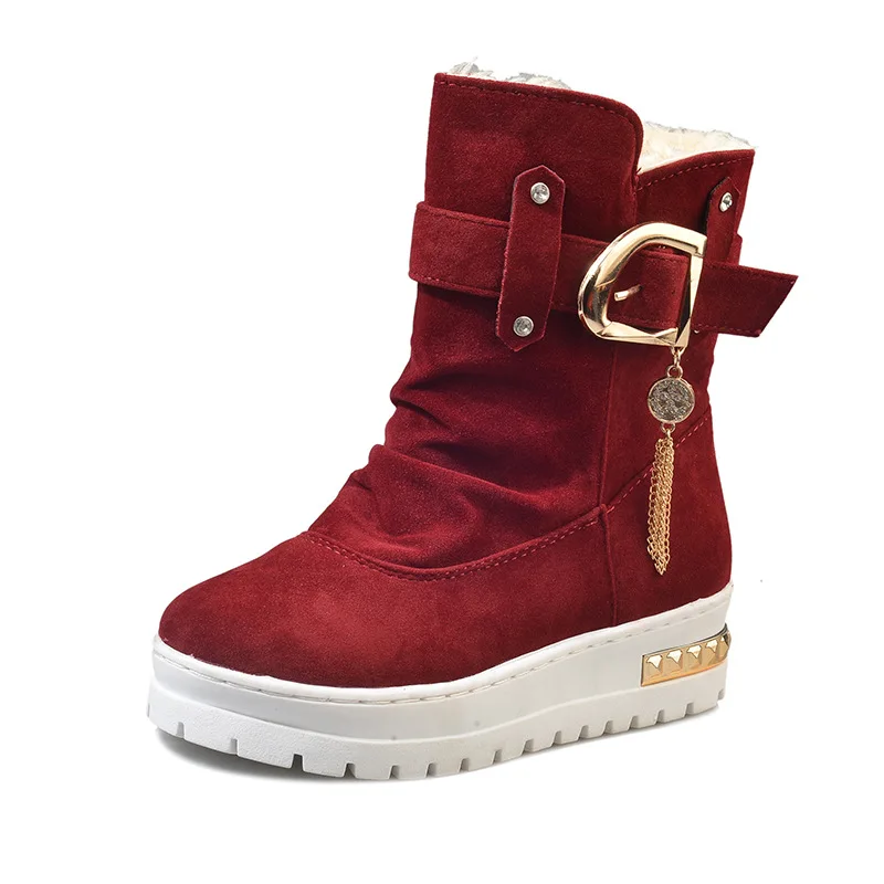 LZJ/ г. Новые модные зимние ботинки с пряжкой женские повседневные ботинки из флока с круглым носком удобные теплые женские ботинки до середины икры 35-40 - Цвет: Красный