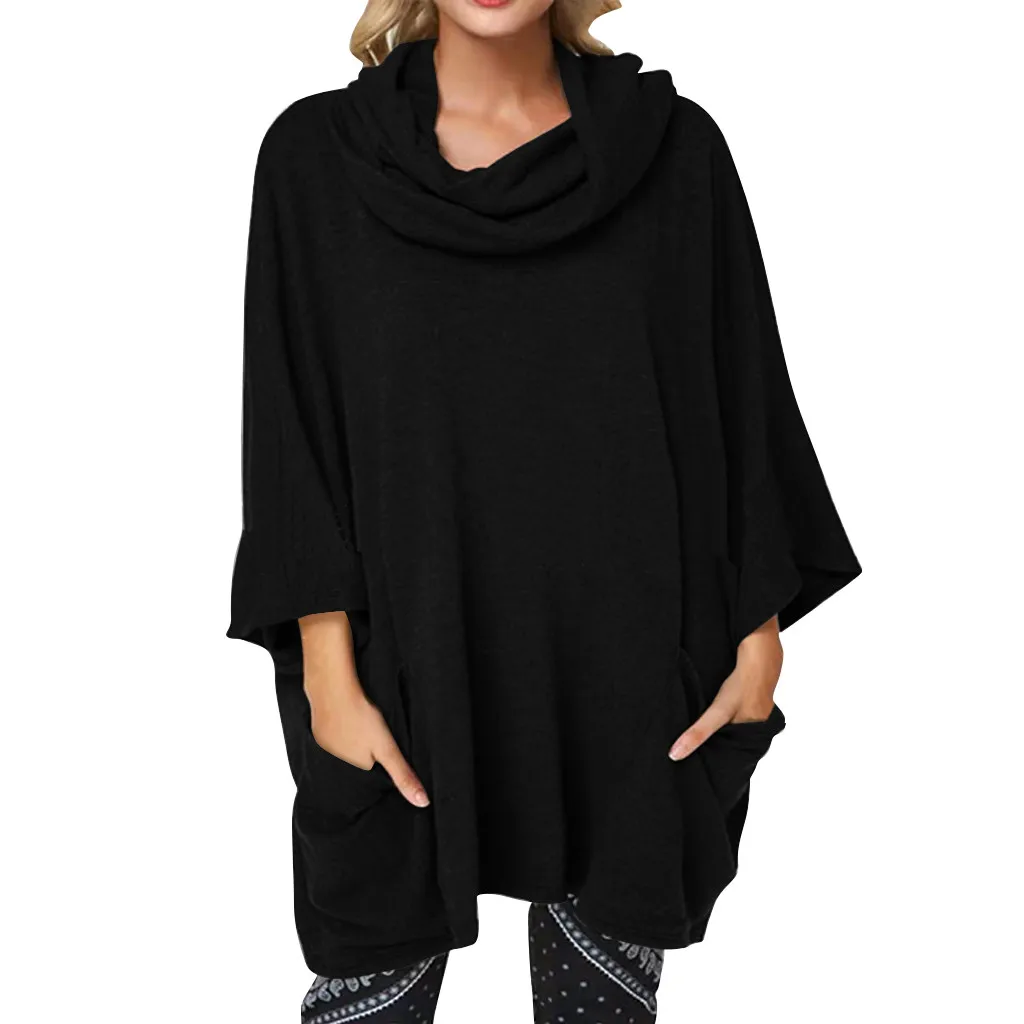 Модная блузка женская s шарф воротник размера плюс чистый цвет длинный рукав карман Топ пуловер Блузка сорочка longue femme - Цвет: Черный