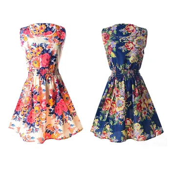 

2Pcs Lady'S Sleeveless O-Neck Flower Printed Casual Mini Dress Asian Xxl/Us Xl -- Pink Flower & Blue White