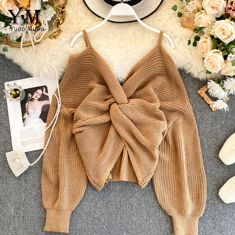 

YuooMuoo Ins Fashion Knot Off Shoulder Sweater Top Women Elegant V Neck Long Sleeve Knit Pullover Sweater Ladies Knitwear Jumper