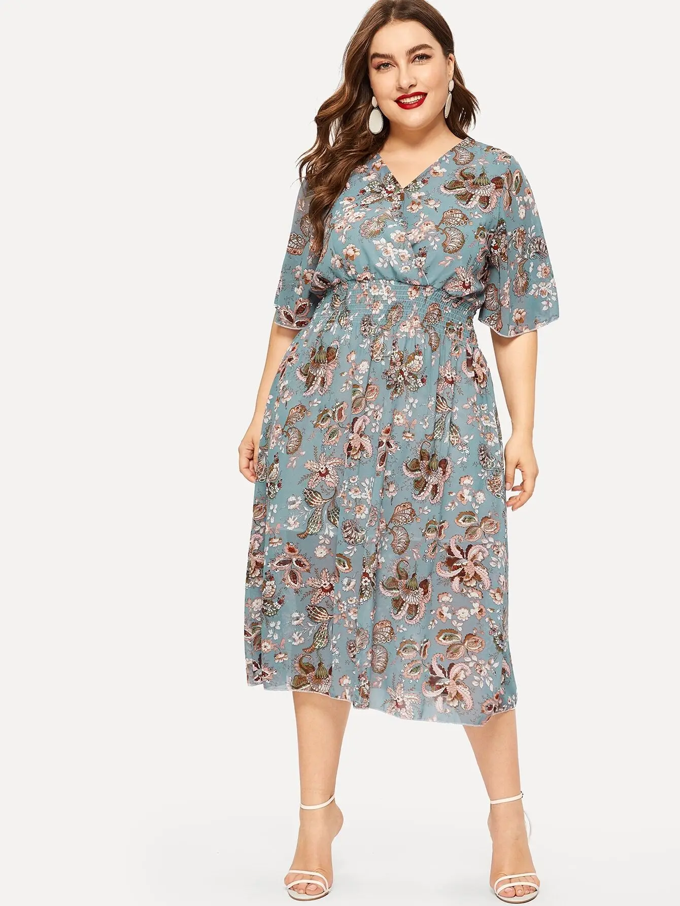 

Women Printed Broken Flowers Chiffon Dress A-Line V-Neck Short-Sleeve Loose Sexy Party Female Fashion Plus-Size M-4XL Long Dress
