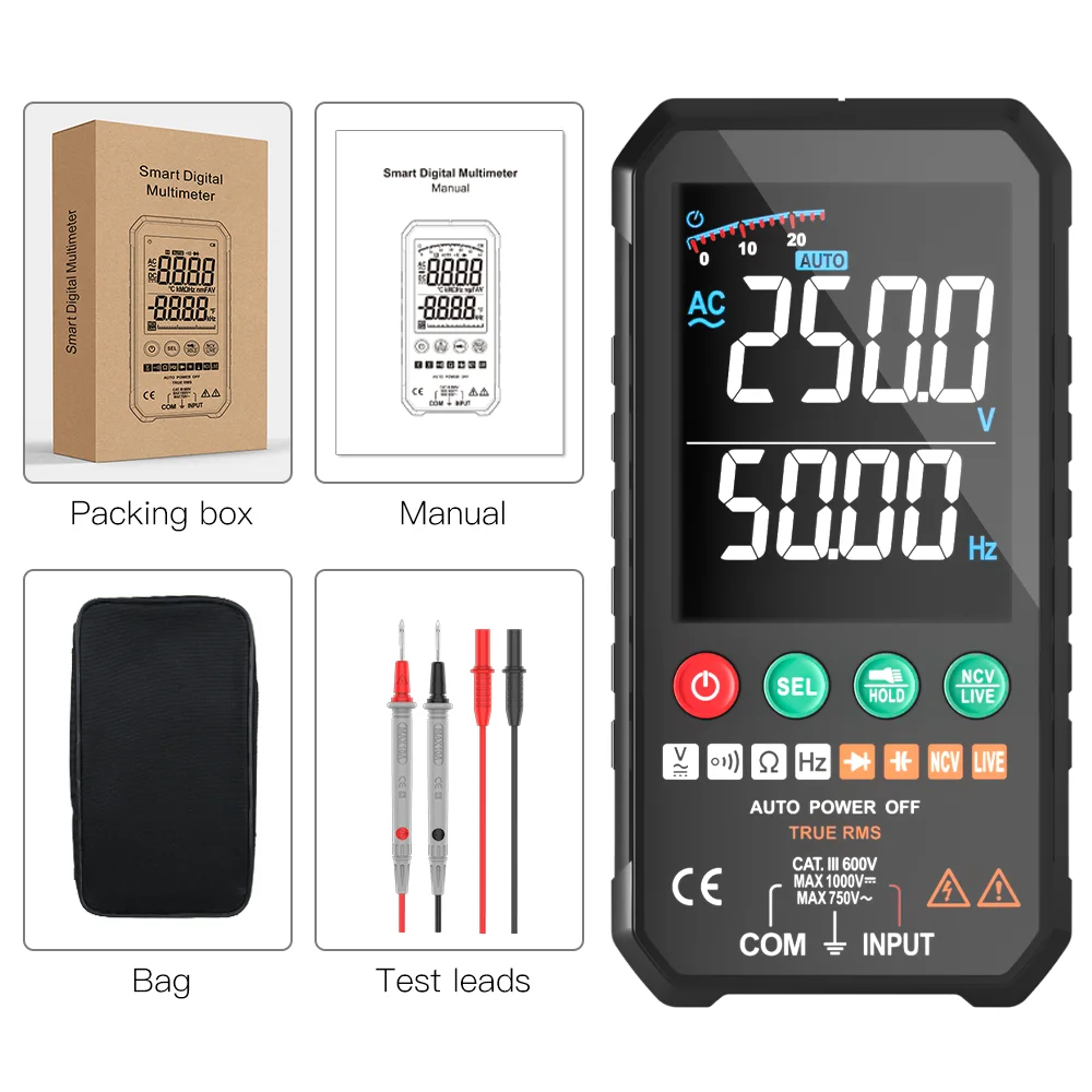 FY107A/B/C Digital Multimeter 6000 Counts Ture RMS NCV Non-contact 1000V AC/DC Voltage Resistance Capacitor Ohm Hz Detection | Инструменты