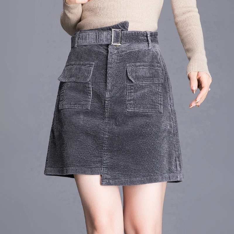 

Fall Winter Casual Woman High Waisted Pockets Irregular Grey Black Army Green Corduroy Skirt , Korean 4xl Mini Skirts for Women