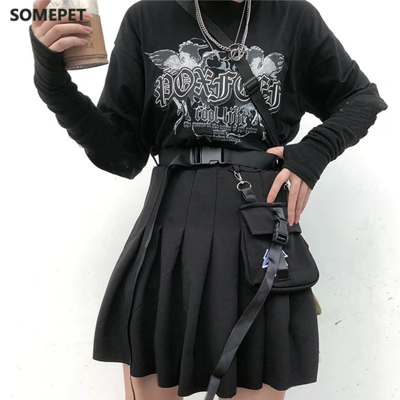 

2021 Gothic Punk Harajuku Women Skirts Casual Cool Chic Preppy Style Red Plaid Pleated Black Female Fashion Shorts Skirts Pocket