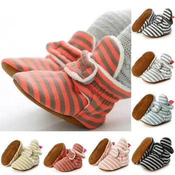 

0-18M Winter Toddler Newborn Baby Girl Soft Sole Crib Shoes Anti-slip Prewalker Stip Fur Warm Cute Unisex Slip On Cotton Blend