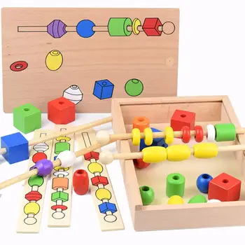 

None Kids Wooden Educational Beading Game Cognition of Color and Shape Toy