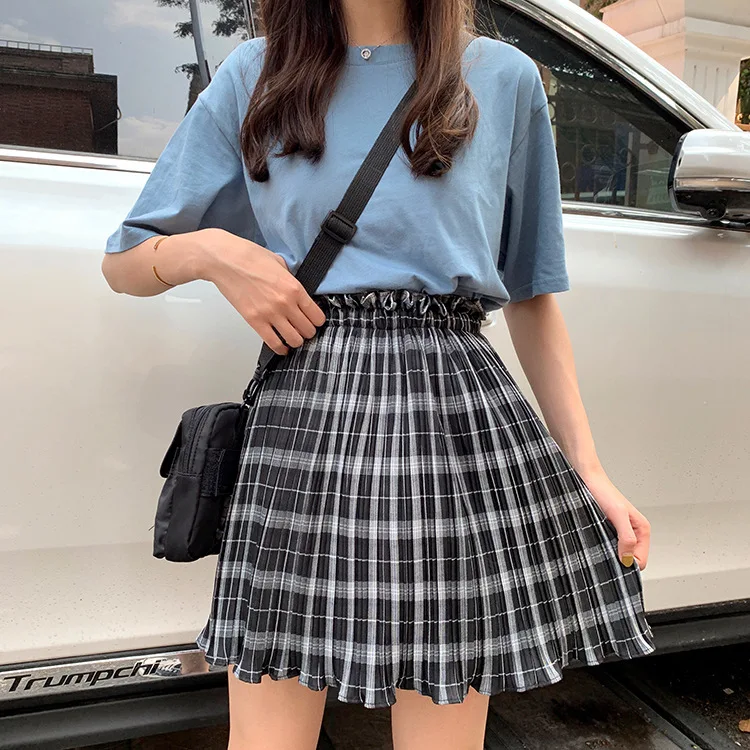 

2019 Summer Korean-style High-waisted Elastic Waist Pleated Frilled Skirt GIRL'S Plaid Skirt A- line Short Skirt