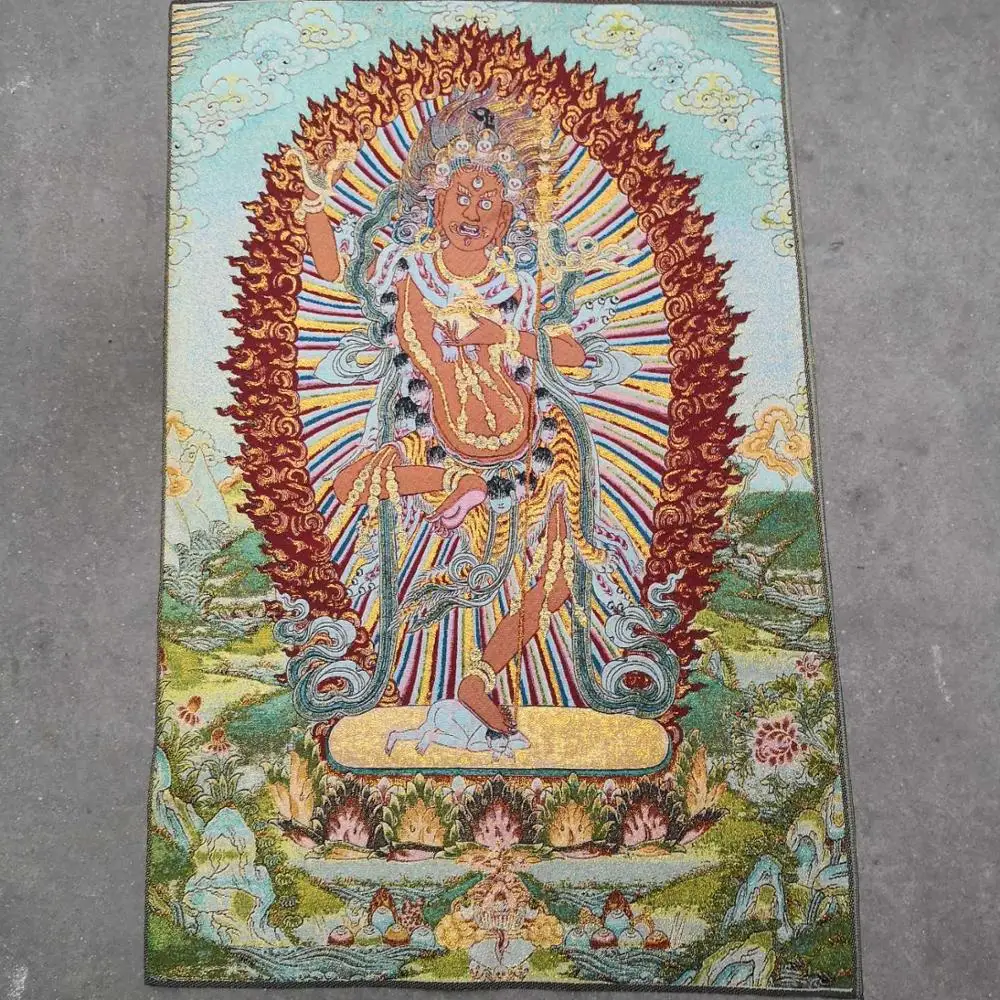 

35"Thangka Embroidery Tibetan Buddhism silk Embroidery brocade Nepal Hayagriva statue Demon Relief Thangka Worship Hall