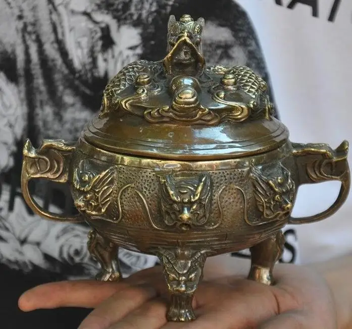 Old Chinese Bronze Dragons Loong Dragon Beast Head Statue Incense Burner Censer | Дом и сад