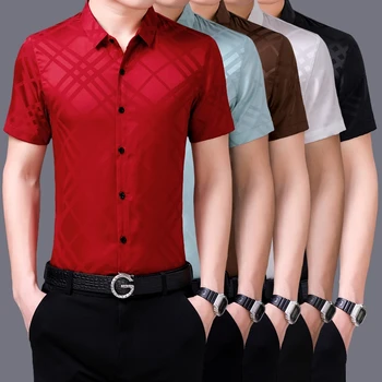 

Hot Fashion Man Silk Shirts Summer Thin Striped Clothes Short Sleeve Shirt Male Soft Silk Dress Shirts Free Shipping