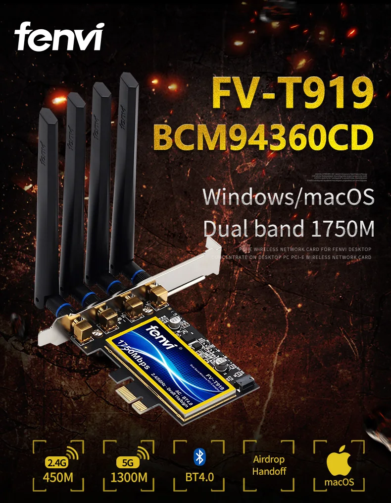 Рабочий стол двухдиапазонный 802.11ac Broadcom BCM94360 беспроводной-AC WiFi Bluetooth 4,0 PCI-E адаптер для Mac/Hackintosh/Windows