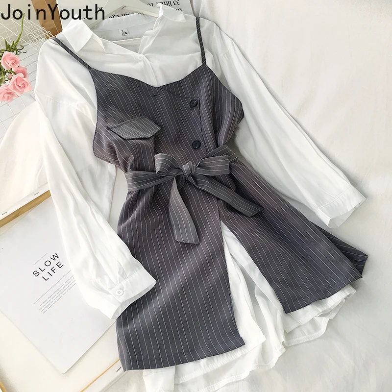 

Joinyouth Spring Women Sets Lace Up Slim Waist Irregular Stripe Sling Dress + Medium-long Blouse Dresses Two Pieces Suits 57821