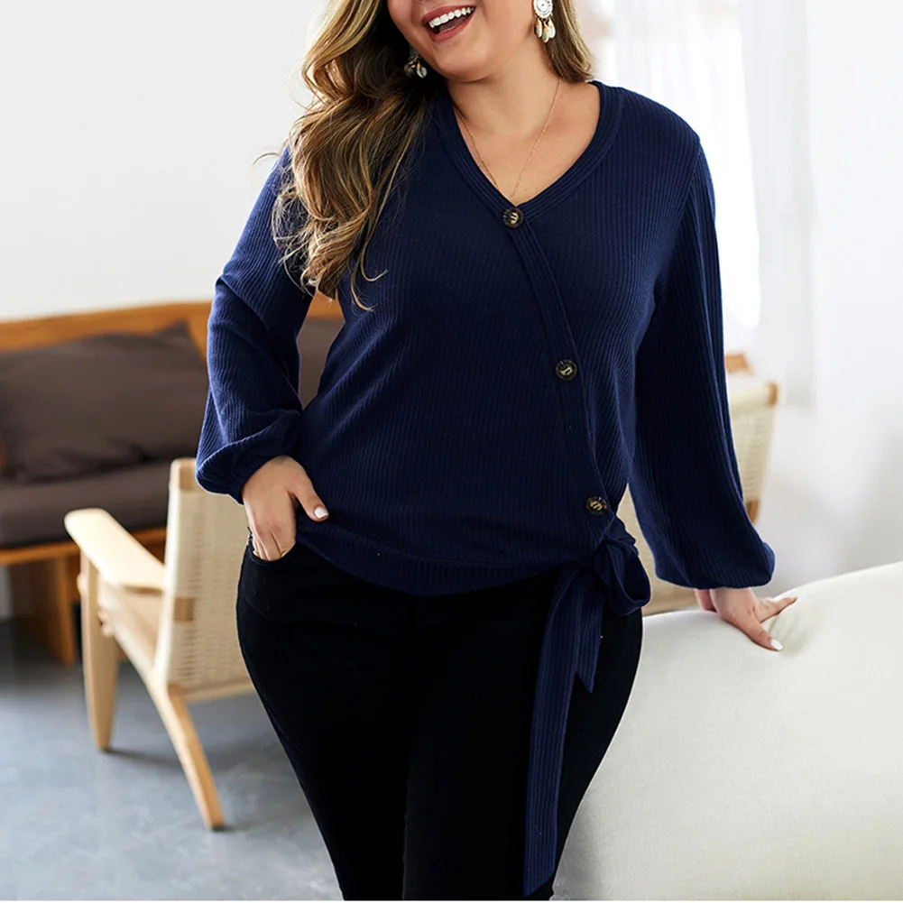 

Fadzeco Women Knitted Sweater Long Lantern Sleeve Cross V Neck Button Deco Casual Loose Pullover Jumper Tops