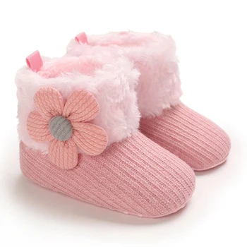 

Winter Newborn Baby Boots Boy Girl Flower Warm Snow Boots Cotton Knitted Casual Non-slip Soft Sole First Walker Shoes 0-18M