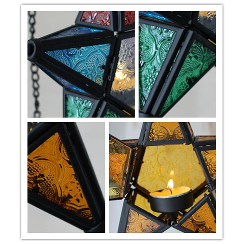 Fashion-Hanging Candle Holder Candlestick Lantern with Iron Haning Chain Colorful Glass Lampshade Holders Moroccan Vintage Style