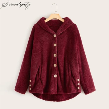 

Burgundy Thick Hooded Hoodies Sweatshirts Women Autumn Winter Single-breasted Option Tops Buttons Warm Female Ladies Coat Casual