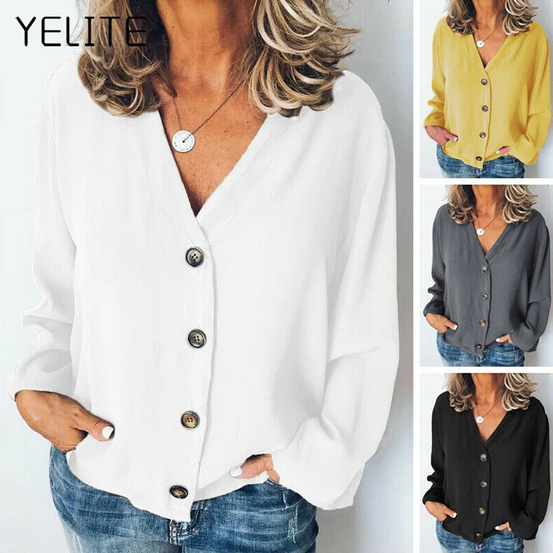 

YELITE V Neck Shirt Tops Cardigan Plain Loose Blouse Shirts Autumn Plus Size Casual Loose Women Blouse Street Womens Blouses 5XL